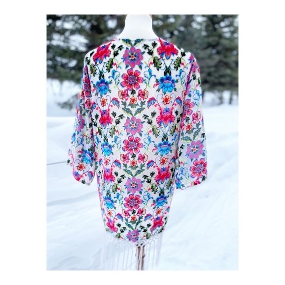 Japna Lounge Flocked Floral Duster Rainbow Sheer Burnout Fringe Kimono Sleeve S - Picture 7 of 10